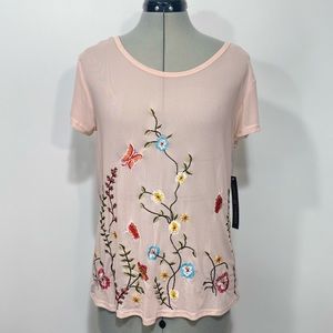 NWT Sheer Mesh Embroidered Floral Top Medium Large Illusion Butterfly Tee Blush